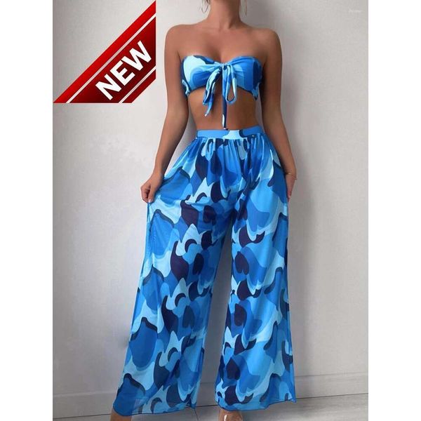 2024 NOVO designer de moda Sexy Biquíni Conjuntos baratos 3pcs Tie BANDEAU BANKINI DE BANCOMENTO MULHERM TRIANGE FEMANING FEMAND PRIMENT com calças de praia Bathing acolchoado sexy