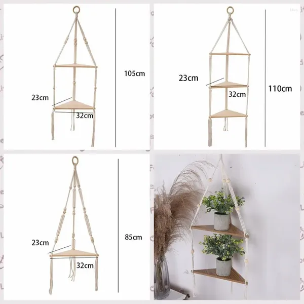 Dekorative Teller stolpernfreie dreieckige Bretter Regal Massivholz handgewebte grüne Pflanzenblüten Rack Baumwollseile Rettung Raum Wohnzimmer