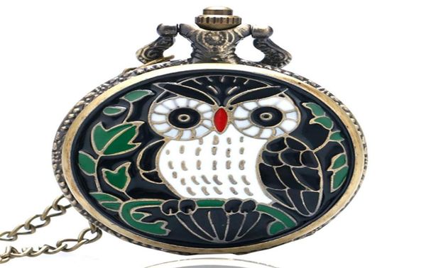 Bronze Retro Verde Green adorável noturna Owl Design Pocket Watch Wattz Watches for Men Women Kids Colar Chain Chain Clock Analog Gift9258302