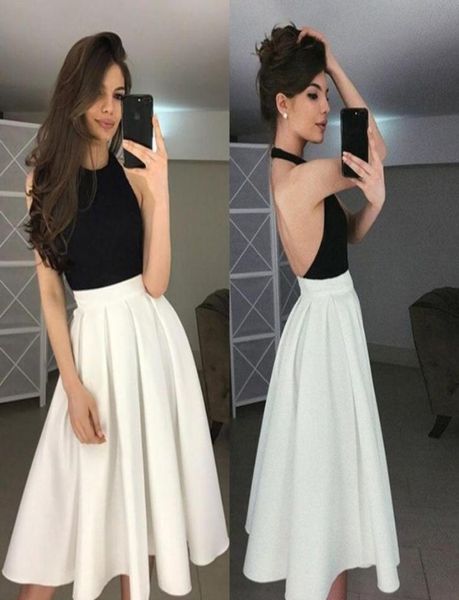 Eleganti abiti da ritorno a casa bianchi neri sexy cavezza aperta abiti da festa del ginocchio aperti senza schienale aline fa personalizzate dres8220505