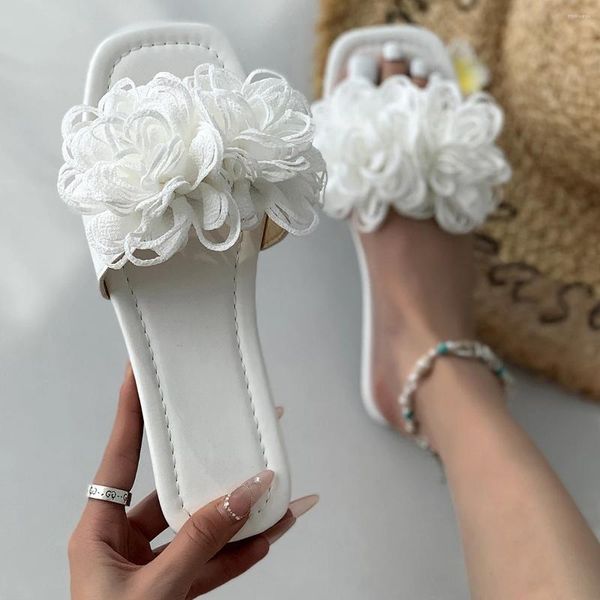 Terlik Dantel Çiçek Yaz Kadınlar için Açık Düz Slaytlar 2024 Kore Tasarım Sandalet Beyaz Kırmızı Yeşil Boyut 43