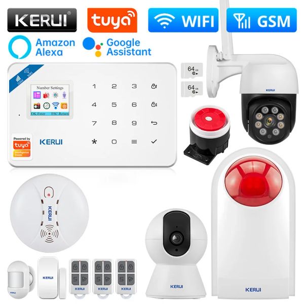 Kits Kerui W181 Tuya Alarmsystem WiFi GSM Alarm Home Alexa Smart Life Motion Sensor Detektor Türsensor Sound Sirene IP IP -Kamera