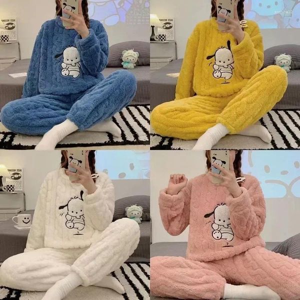 Roupas de casa Menas mornas Menino de desenho animado Hapken Feminina Calça Feminina Pijama de Inverno Conjunto de Roupas de Donorce