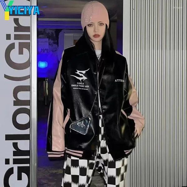 Frauenjacken Yiciya Ledervarsity Schwarzer Rennen Übergroßer Mantel Vintage Outwear Mode Outfits 90er Bomber 2024 Jacke