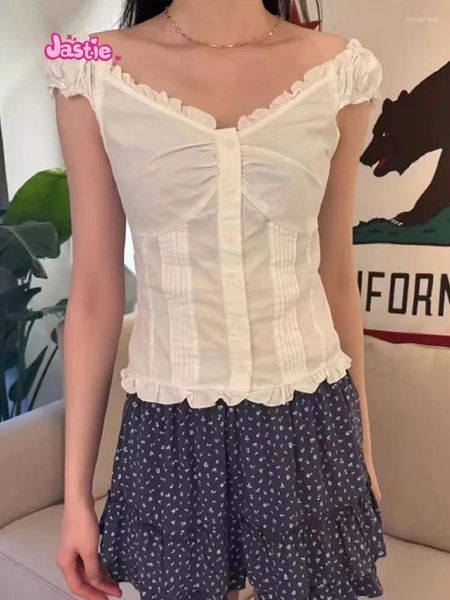 Frauenblusen 2024 Sommerbluse-Hemd Tops Chic Plissee weiße Ruffen V-Ausschnitt T-Shirt Schlanker Strickjacke Y2K Fashion Casual Weste Top
