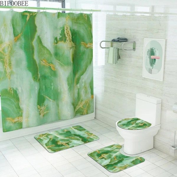 Duş Perdeleri Emerald Taş Desen Baskı Perde 180x180cm Banyo Yeşil Slip Olmayan Halı Kaide Halı Tuvalet Kapak Banyo Mat