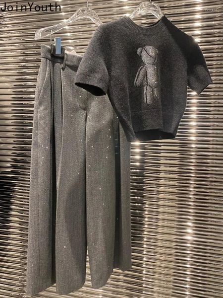 Arbeitskleider Hosen Sets koreanische zweiteilige 2024 Frauenkleidung Diamantbären Strickschnitzer Crop Tops High Taille Wide Leg Outfits Mode -Set Mode -Set