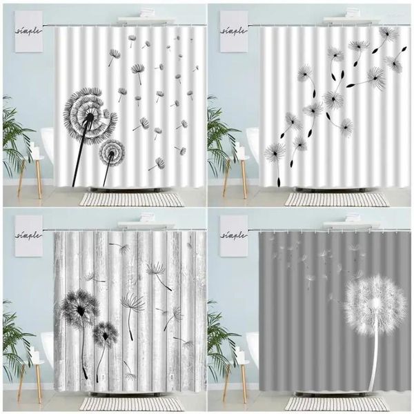 Duş Perdeleri Siyah ve Beyaz Karahindiba retro gri ahşap tahta bitki çiçek banyo perdesi modern basit kumaş banyo dekor seti