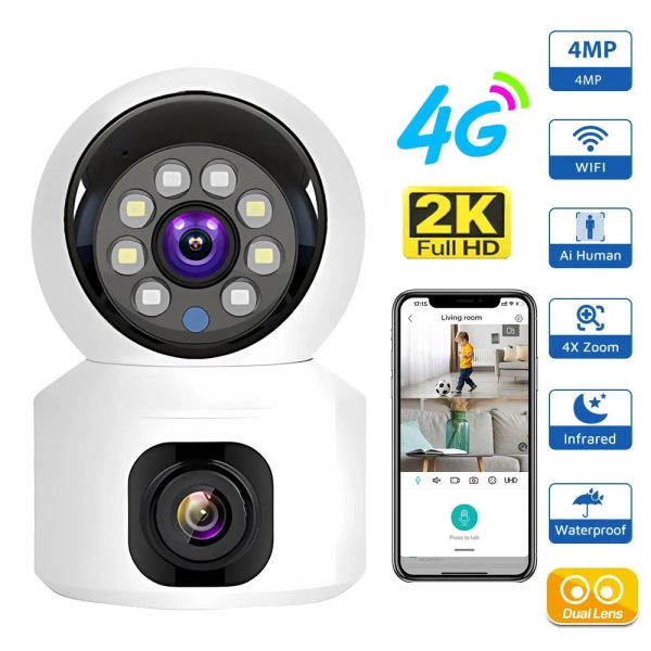 Câmera SIM Câmera SIM 4G Câmera interna Dual Lens Mini IP Câmera 2K 4MP Wi -Fi sem fio Segurança Night Vision Camara Video Videoveillance V380 Pro