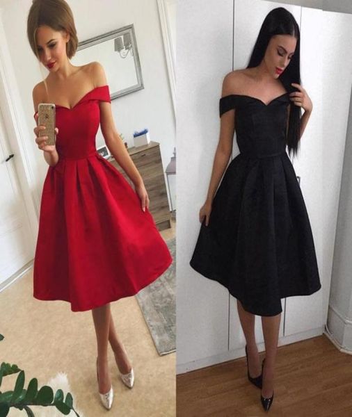 2018 simples vestidos de baile curtos vermelhos fora do ombro vestidos de cetim de cetim vestidos de festa preto