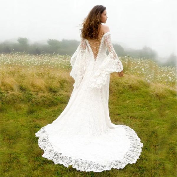 Kleider Victorian Style Brautkleider eine Linie von Schulter Satin Spitze Korsett Brautkleider Vintage Country Long Glocken Ärmel Kleid für Bri