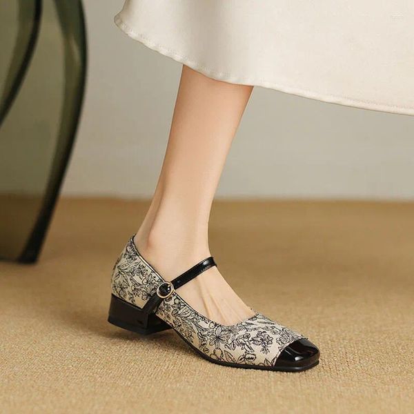 Scarpe eleganti Phoentin Cross Strap Mary Janes Stampa in stile cinese Teli bassi calzature a patchwork quadrate Plus Ft3342