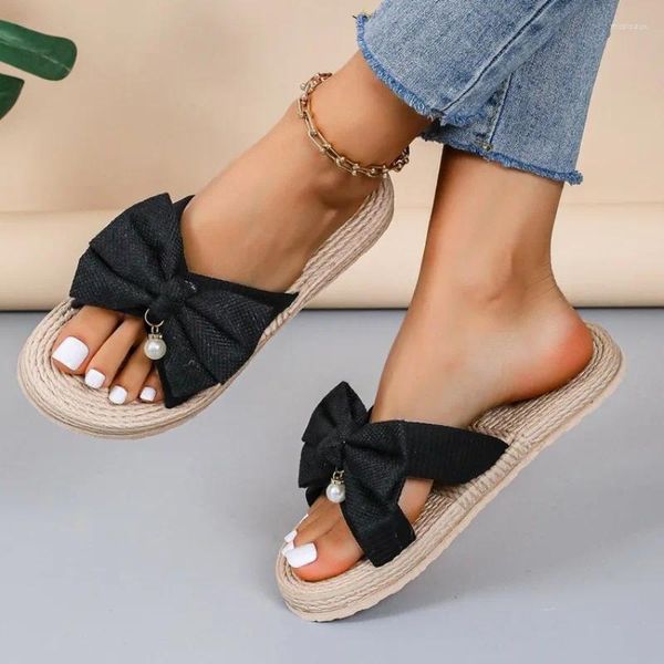 Hausschuhe Frauen künstliche Strohhalm Sohle Schuhe Lady Sommer Innen Flachflip Flops Blütenrutschen Sandalien