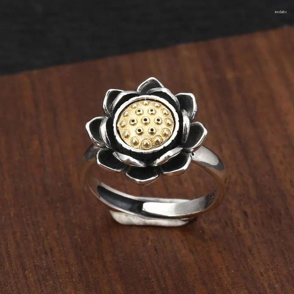 Clusterringe Retro Lotus Gold Silber Kollision Persönlichkeit Ring für Lady Finger Accessoires Trend S925 Frauen Schmuck Verstellbar