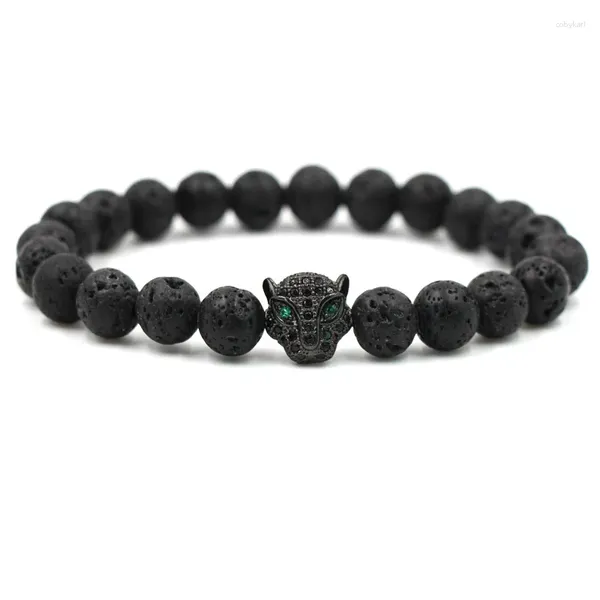 Strand clássica Natural Black Black Vulcânico Lava Pulseira de Pedra Pavira Pavimentação CZ Cabeça de Leopardo Pulseiras Para Menwomen Amigo Charme Jóias