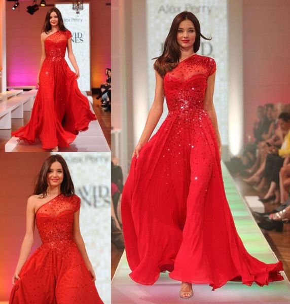 Red One Schulter -Prom -Kleider 2019 Pailletten eine Linie Chiffon bodenlange Kurzarm Rückenfreie sexy formelle Promi -Abendparty G4012870