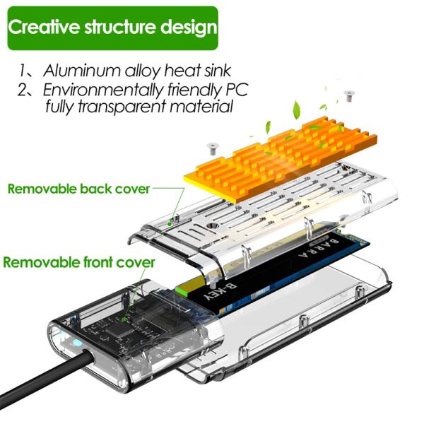 Gabinete Uthai M2 SSD Box SATA Box M.2 para TypeC SSD Adapter para PCIE NGFF SATA M/B Tecla SSD Caixa de disco transparente transparente Caixa de disco rígido