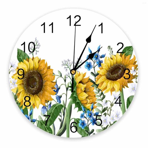 Relógios de parede Amarelo girassol florestar planta arte decorativa relógio redondo design personalizado não ticking quartos silenciosos grandes