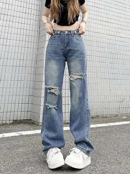 Женские джинсы Jmprs Женская уличная одежда Y2K Hole Retro Casual High Denm Denim брюки Harajuku хип -хоп мешкова