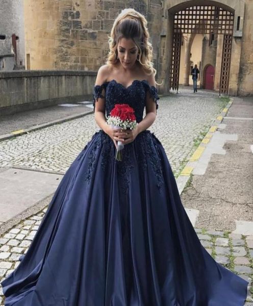 Elegante abito da ballo blu navy lungo a v collo in pizzo applique perdono corsetto mascherato da sera in quinceanera usatura formale dolce 16 abiti 3486723