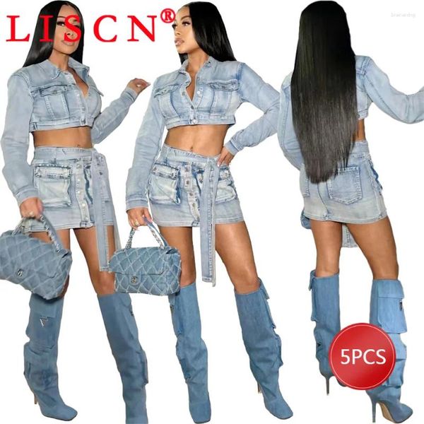 Arbeitskleider 5 Massenartikel Großhandel Lose Denim Rock Sets 2024 Single Breaced Pocket Zwei -Stück -Outfits Jacken Gürtel Miniröcke K13267