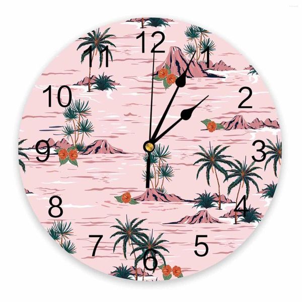 Orologi da parete pianta palme rosa spiaggia fiori estivi orologio rotondo decorativo design personalizzato non ticchettio silenzioso camere da letto silenziose