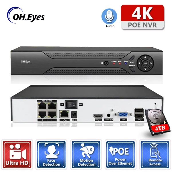 Recorder 4K CCTV NVR 4CH POE Videoüberwachungsrekorder für IP -Kamerasystem Gesichtserkennung E -Mail -Alarm -NVR -Rekorder H.265 8mp Xmeye