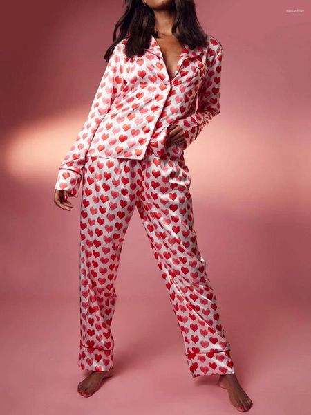 Home Clothing Womens Fall Satin Pyjama Set Long Sleeve Revers Button Up Hemd Tops Herzdruck Hosen Nachtwäsche Sets S m l