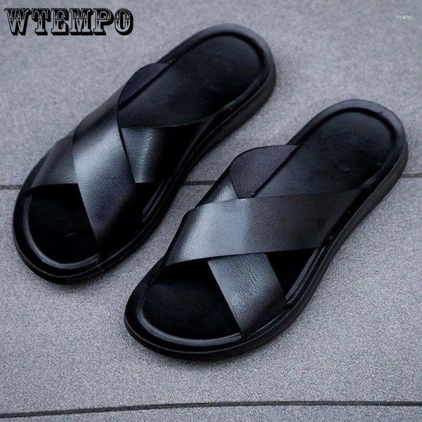 Slippers Microfiber Leather for Men El Beach Summer Summer Shop Slip de alta qualidade em planos leves masculino peep dedo tira cruzada