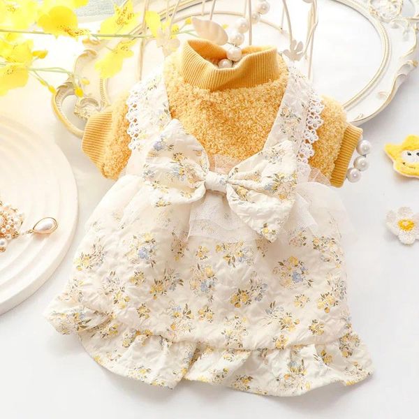 Vestido de roupas de cachorro azul amarelo azul pequeno vestido de princesa de estampa floral pequena para o outono de outono de veludo de inverno algodão roupas de roupa de estimação roupas