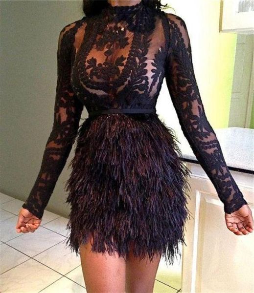 Design Fashion Christmas Feather Cocktail Dresses Black Celebrity Abite da sera Mini Abito da ballo corto da festa corta 5633790