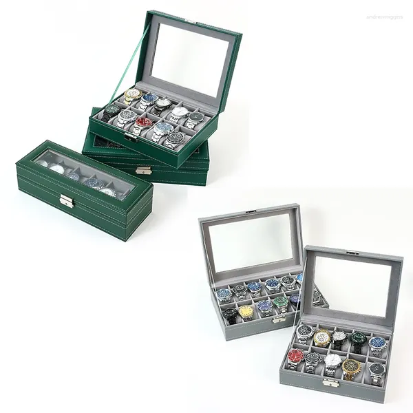 Watch Boxen Wellzone Mode Stil Green/Grey 6/10/12 Gitter Schmuck Aufbewahrungsbox PU Leder Hülle für Uhren ordentlich upp