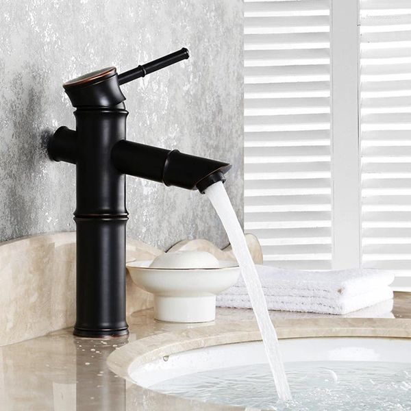Смесители раковины ванной комнаты Vidric Black Bronze Brass Waterfall Caucet сосуд высокий бамбук для воды Tap Retro Одно отверстие