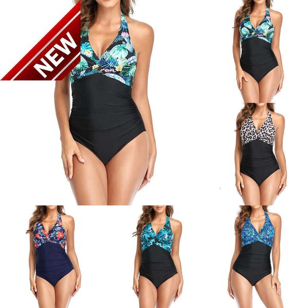 2024 Neue Modedesigner sexy Bikini Sets billige Bikini Frauen Frauen, die offenes Rückenlücken gedrucktem Halfterhalter Bikinis Kreuzgurt Vneck Onepiece Swimsuit Sex