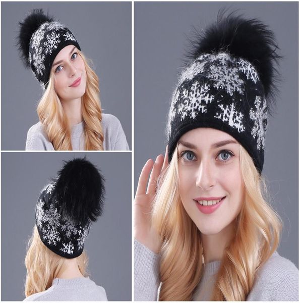 Cappello misto di lana tessile da casa vero pompe pom pompe lana in pelliccia di coniglio a maglia per donne berretti per ragazze cappelli da neve natalizie8134434