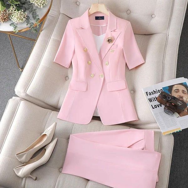 Zweiteilige Hosen rosa Kurzarmanzug Jacke hochwertiger Sommer dünner Business Fashion Temperament Style Overalls