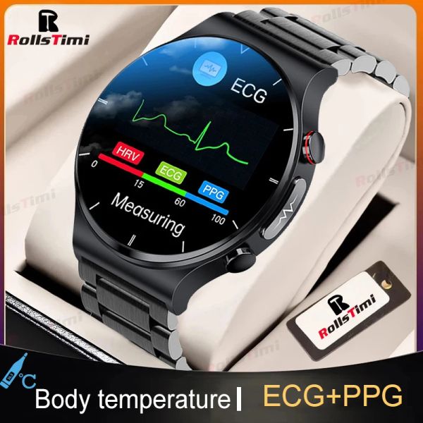 Relógios rollstimi smart relógio homens temperatura corporal carregador sem fio esporte smartwatch pressão arterial ECG+ppg rastreador de fitness para android