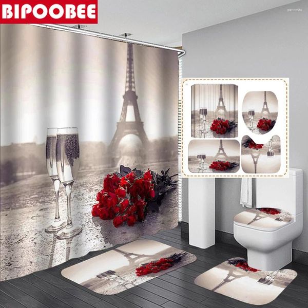 Duschvorhänge rote Rose Blumenvorhang Set Bad Matten Teppiche Eiffelturm Badezimmer 3D Nicht rutschfeste Teppichtoilettendeckel Home Decor Dekoration