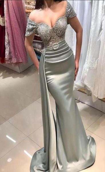 ASO Ebi Arabisch grau Meerjungfrau Lange Abendkleider sexy Plus Größe Spitze Perlen Satin Sweep Zug Prom Formal Party Zweiter Empfang G6596270