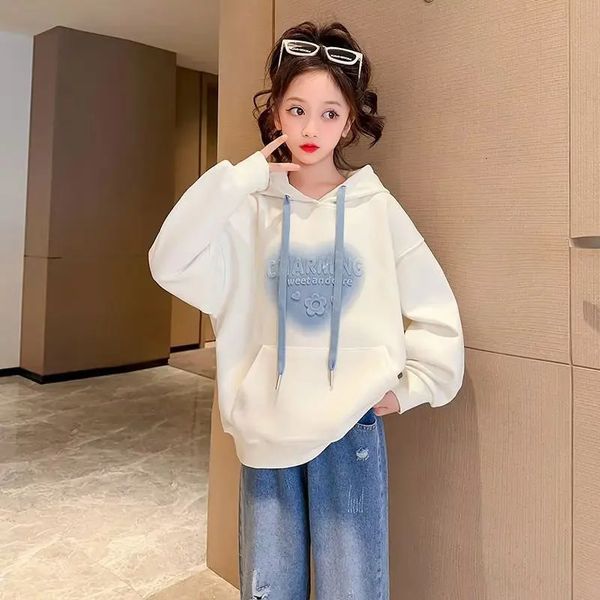 2024 Herbst Winter Spring Girls Kleidung Kapuze weißes Sweatshirt Baby T -Shirt Kleider Teenager Kid Prinzessin 6 7 8 9 10 11 12 Jahr 240323