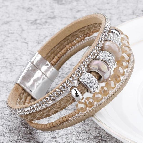 Braccialetti fascino allenta perline ceramiche in pelle per donne retrò boho cristal a catena multistrato wide wrap bracciale gioielli femminili