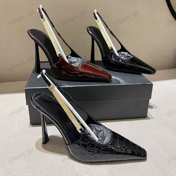 Yeni patent deri kare ayak parmakları Slingback pompalar ayakkabı stiletto topuklular sandaletler 10.5 cm kadın yüksek topuklu sandalet lüks tasarımcı elbise ayakkabı boyutları 35-40 ile kutu ile
