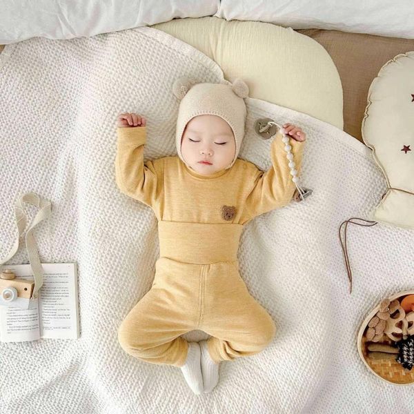 Roupas Conjuntos 2024 Corean Spring Autumn Baby Garotos Pijama Proteção da barriga Algodão Sólido Infantil Roupa Criança Casa