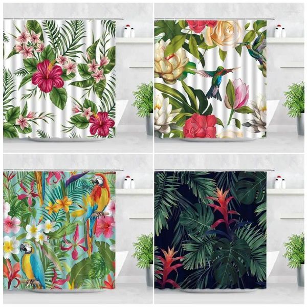 Tende per doccia tropicale fiore fiore uccello pappagallo foglie di palma verde stampare tessuto impermeabile decorazione per casa set di tende da bagno