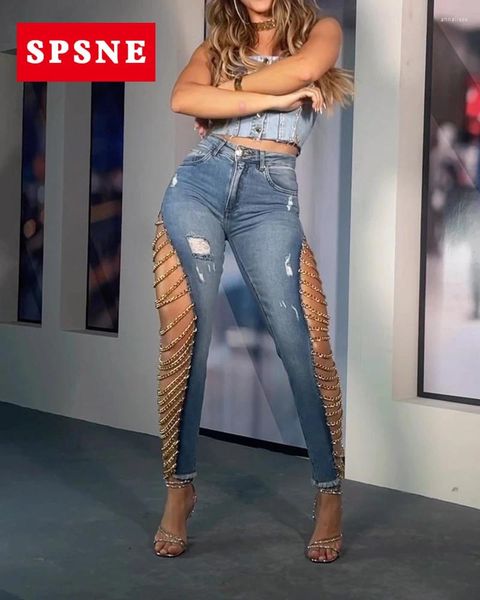 Jeans da donna gambe aderenti aderenti controppeti coperti di catene pantaloni di deminica perfetti