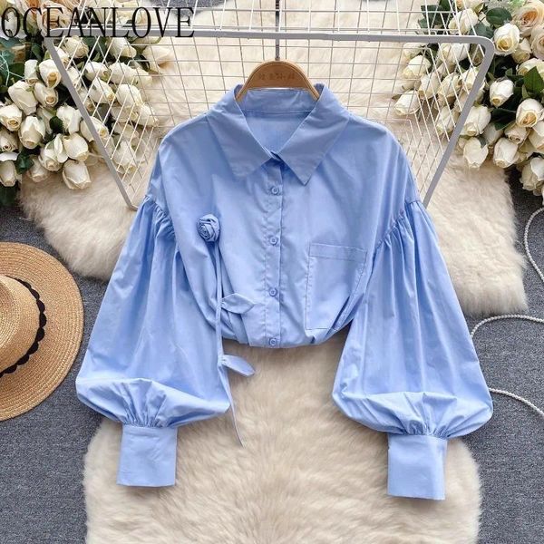 Frauenblusen Oceanlove Hemdsblouses Frauen Tops Puffärmel 3d Blumen Solid Frühling Herbst Blusas Mujer Koreaner Mode Süß Retro