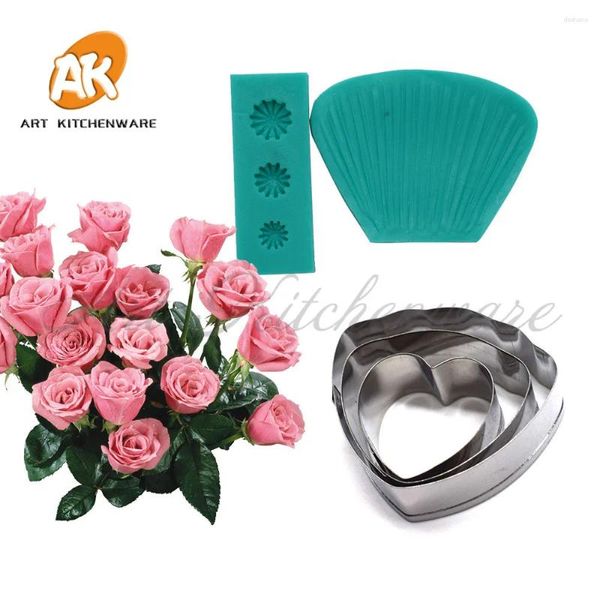 Backformen Rose Blütenblatt Silikon Verer Form Edelstahlschneider Set Fondantblüte Kuchenform DIY handgefertigte Schimmelpilze Dekorationswerkzeuge