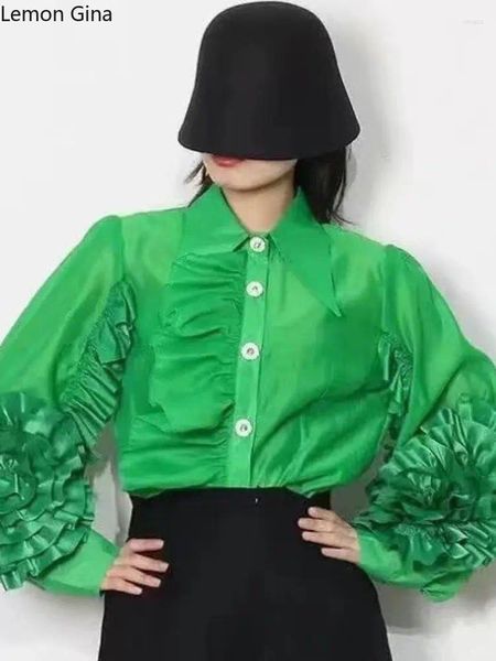 Blouses feminina Lemon Gina 2024 Blusa da moda para mulheres Saias de streetwear Saias sólidas Mangações de lanterna de lanterna Cole