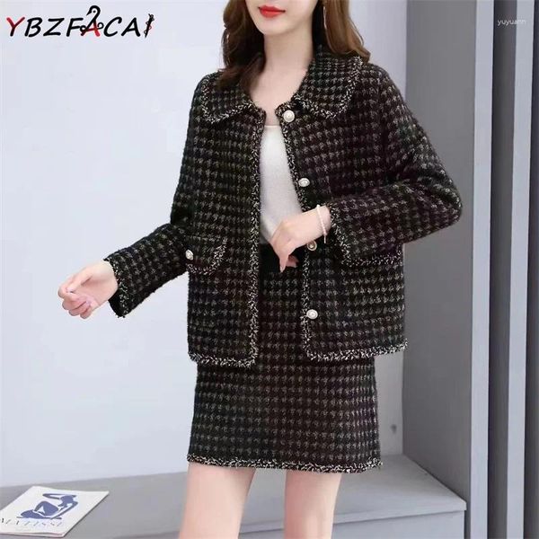 Arbeitskleideranzug Tweed 2024 Hochwertiger Europäischer Herbst Winter 2 Stück Frauen Kurzwolle Jacke Plaid Minirock elegant