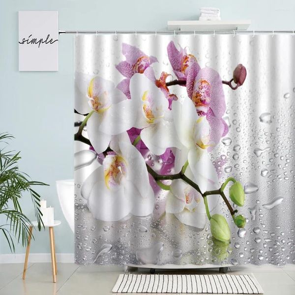 Cortinas de chuveiro orquídea natural rural floral branco roxo água gotas de cenário decoração cortina de banheiro de poliéster com ganchos